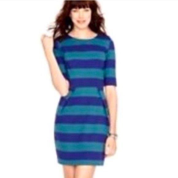 Fossil Blue Rugby Striped Short Sleeve Sheath Dress Crew Neck Back Zip SZ XS - Picture 1 of 12